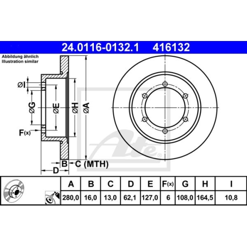 Bremsscheibe ATE 24.0116-0132.1 für NISSAN, Hinterachse