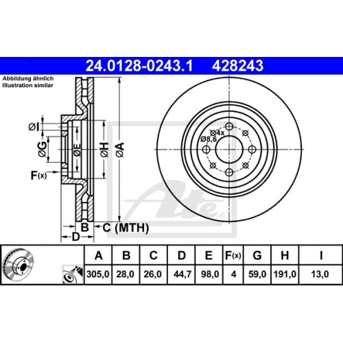 Bremsscheibe ATE 24.0128-0243.1 für FIAT, Vorderachse