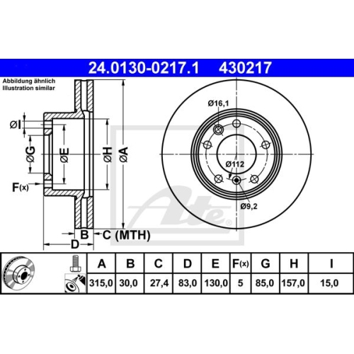 Bremsscheibe ATE 24.0130-0217.1 für MERCEDES-BENZ, Vorderachse