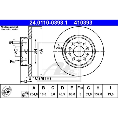 Bremsscheibe ATE 24.0110-0393.1 für FIAT, Hinterachse